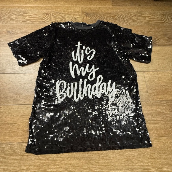 Why Dress It's My Birthday Sequin T-Shirt Dress, Black/White One Size Party Fun - Picture 3 of 14